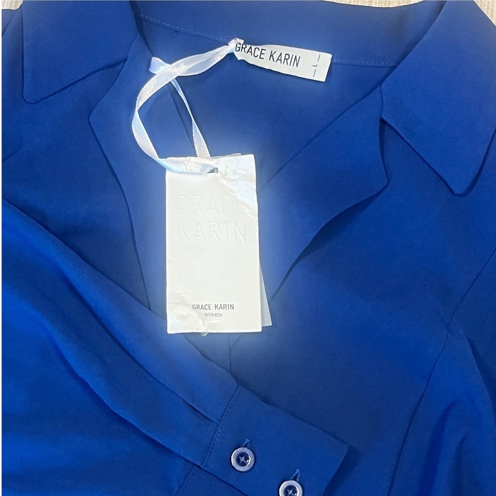 NWT Grace Karin Royal Blue Pleated Long Sleeve Midi Dress‎ Size L Collard
